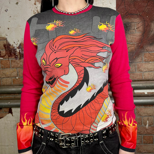 Smelly's Dragon & Flames Graphic Long Sleeve Top (Y2K) - XS