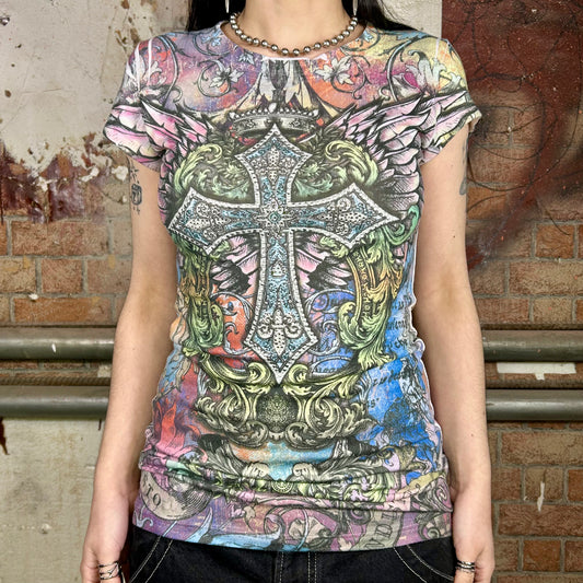 Rhinestone Cross Wings Multicoloured Pattern T-Shirt - Made in USA (Y2K) - S