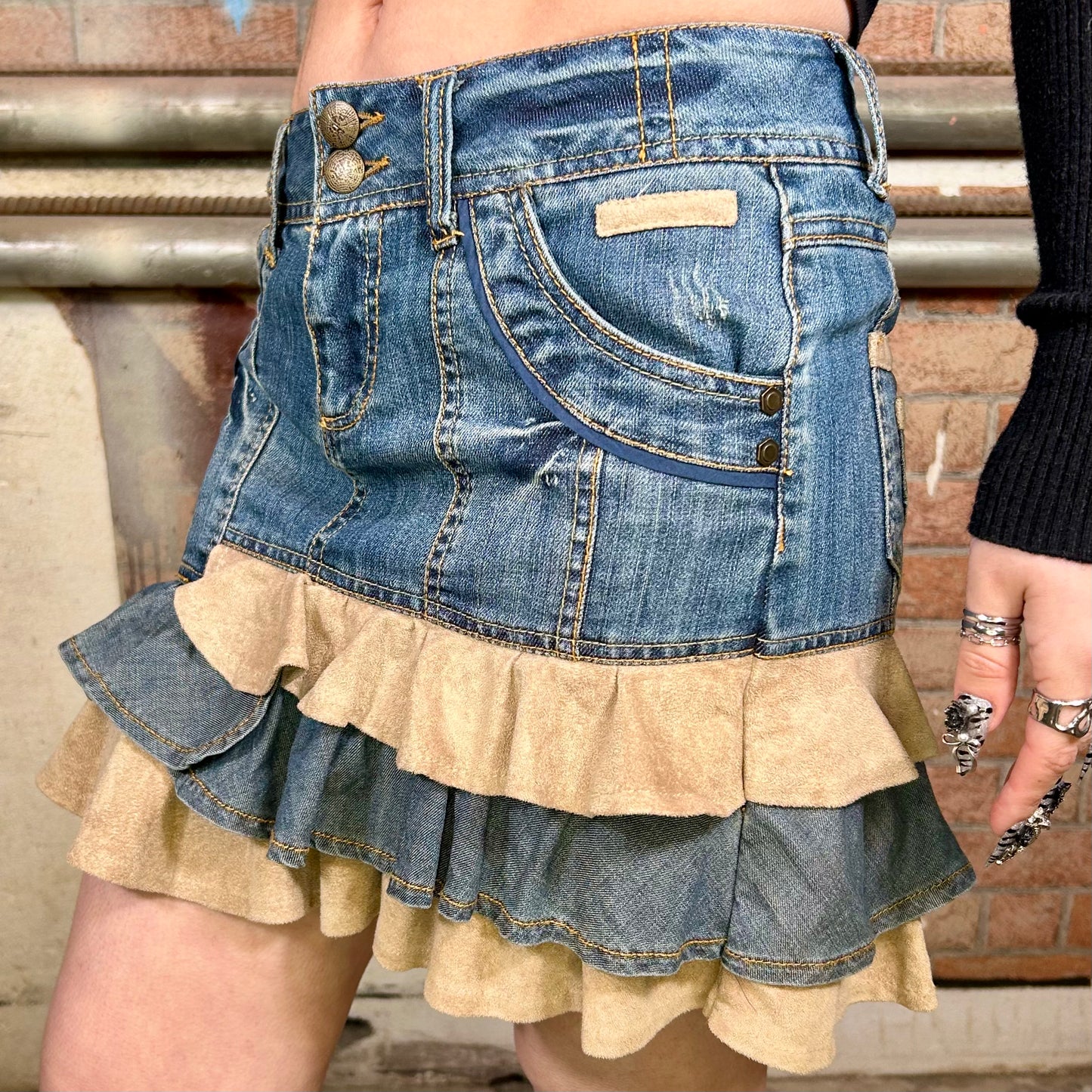 Promod Layered Denim Mini Skirt (Y2K) - 27"