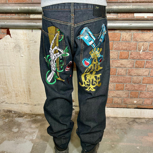 Christian Audigier Embroidered Baggy Jeans (Y2K) - 34"