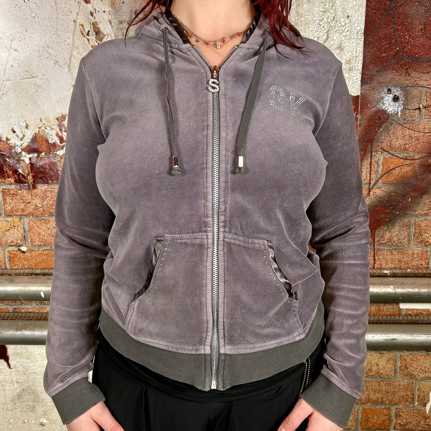 Sapsucker Grey Velvet Bedazzled Hoodie (Y2K) - M