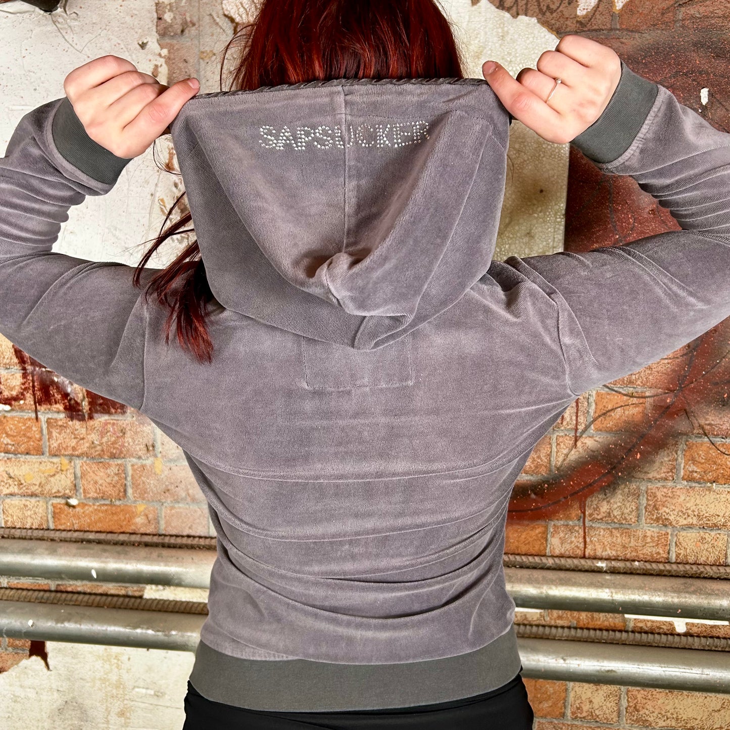 Sapsucker Grey Velvet Bedazzled Hoodie (Y2K) - M