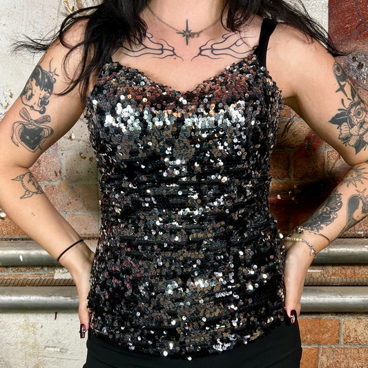 Jennyfer Diva's Party Sequin Black & Silver Cami Top (Y2K) - M