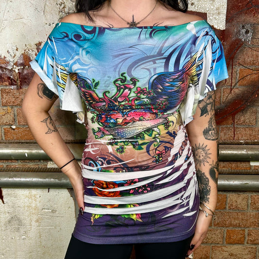 Rhinestone Butterfly Multicoloured Pattern Off-Shoulder Top (Y2K) - S