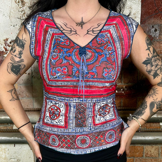 Boho Western Patchwork All Over Print Top - Made in USA (Y2K) - L