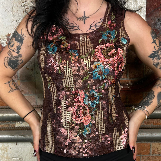Brown Floral Sequin Cami Tank Top (Y2K) - M