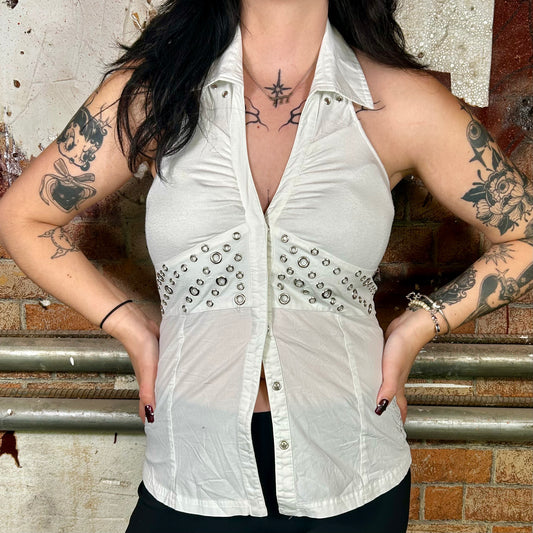 KARV White Metal-Eyelet Halter Button Up Vest Cami Top (Y2K) - M