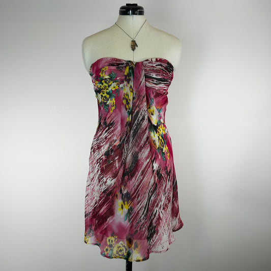 Floral Yellow & Pink Strapless Dress - Made in USA (Y2K) - S