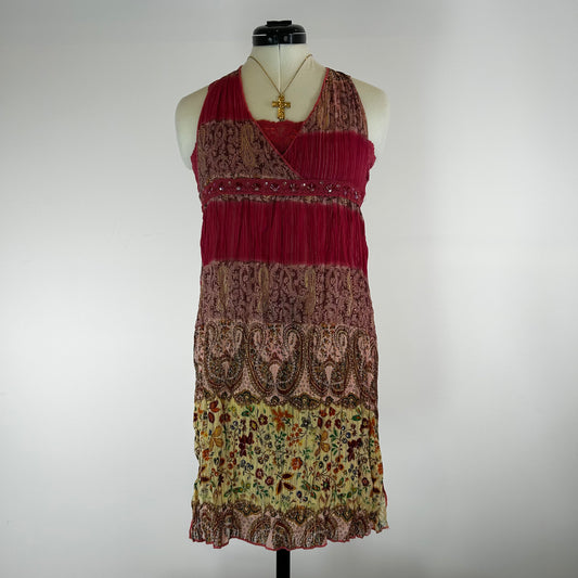 Floral Paisley Layered Halter Mesh Midi Dress (Y2K) - S