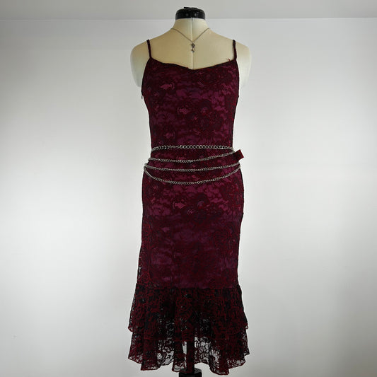 Paco Chicano Pink & Red Lace Flounce Hem Midi Dress - Made in France (Y2K) - S