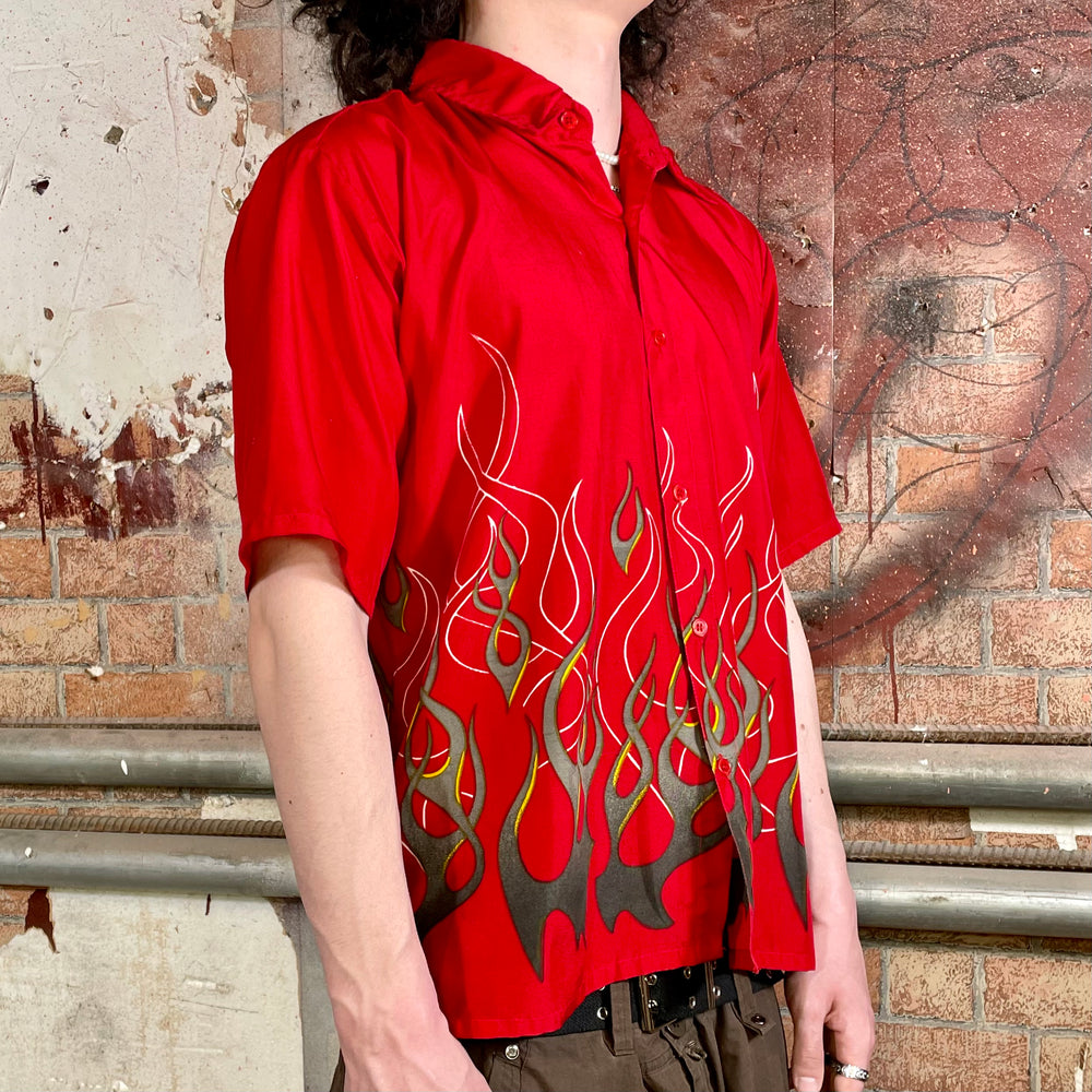 Red Flames Button Up T-Shirt (Y2K)