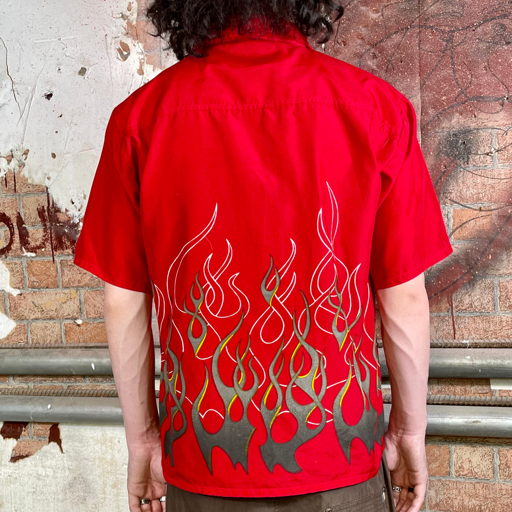 Red Flames Button Up T-Shirt (Y2K)